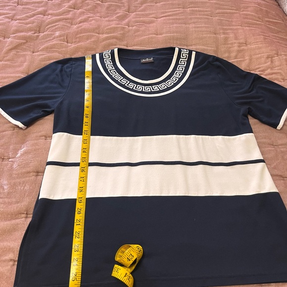 Navy Blue and White Top with Embroidered Accent on the neckline - Picture 7 of 9